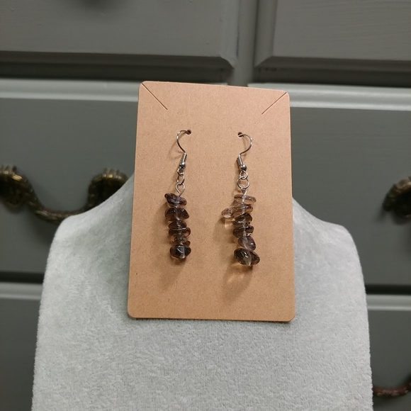 Smoky Quartz Earrings Natural Gemstone Crystal Bead Surgical Stainless-Steel - Picture 5 of 11